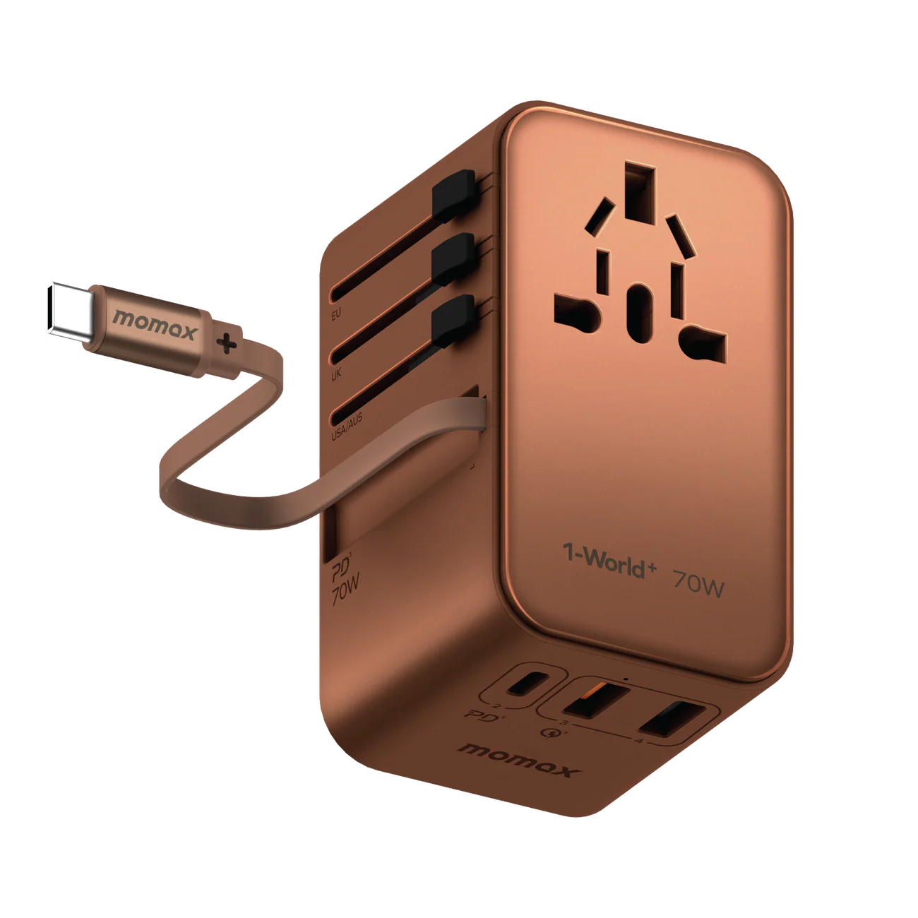 UA18L2_01_1500.png 1-World+ 3-Port Travel GaN Charger With Built-in USB-C Cable 70W - Image 1